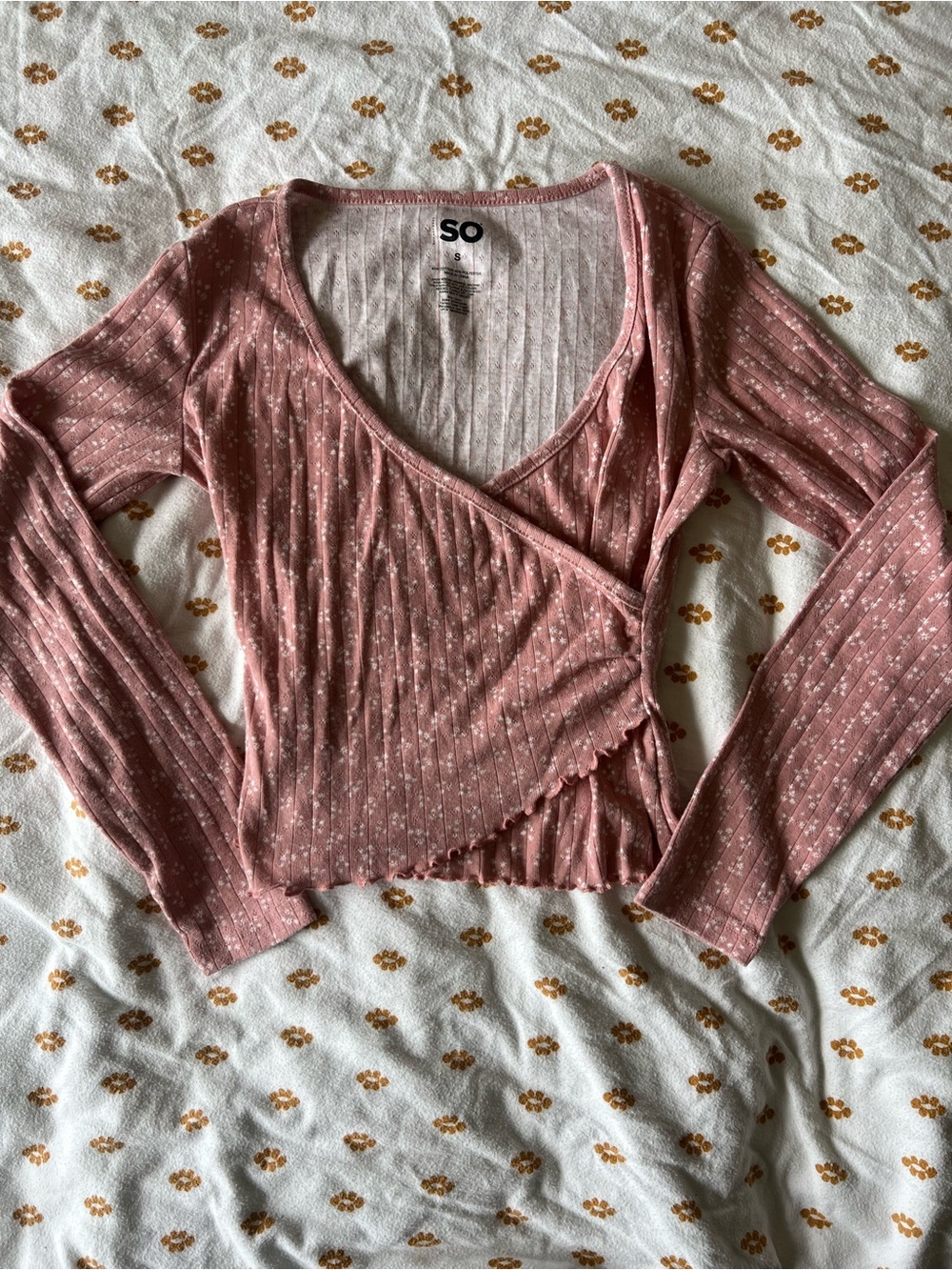 SO Pink Floral Ribbed Wrap Top